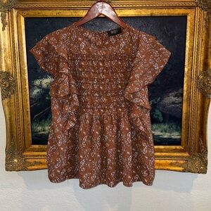 RESET Brown Ditsy Floral Ruffle Sleeve Button Back Cottage Core Blouse Size M